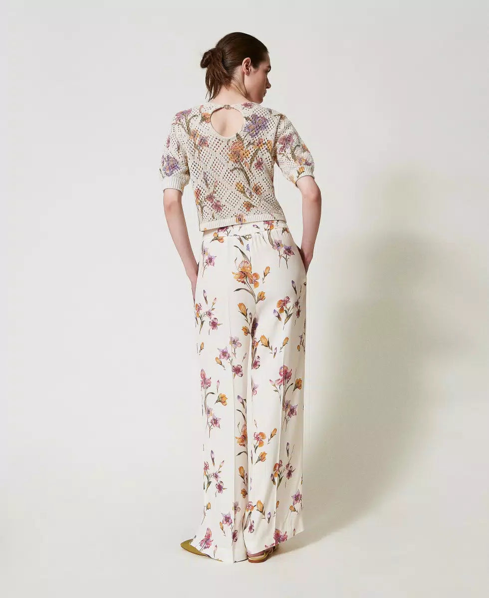 Twinset Pantalone donna in crêpe de Chine a fiori con elastico 251TP2776