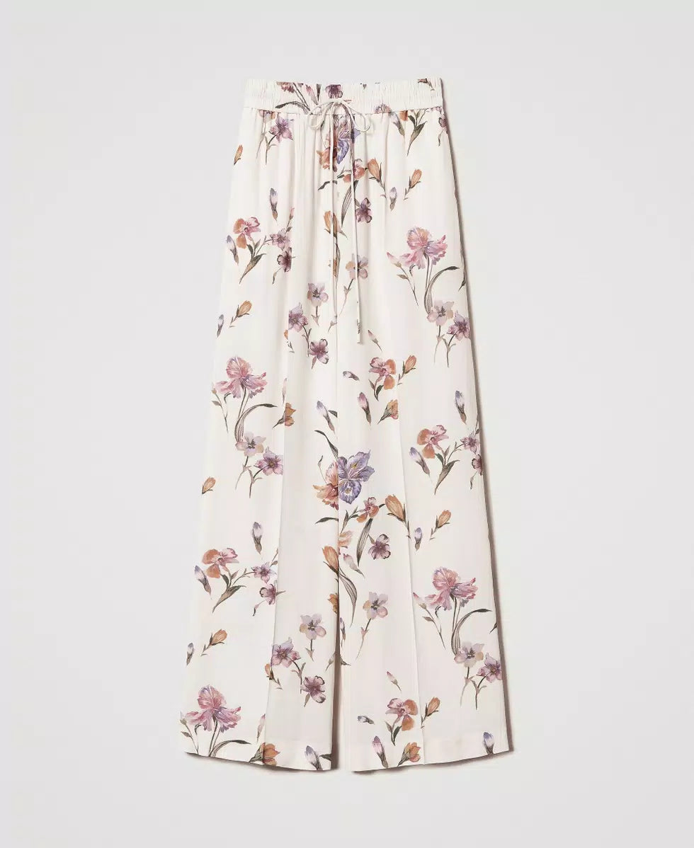 Twinset Pantalone donna in crêpe de Chine a fiori con elastico 251TP2776