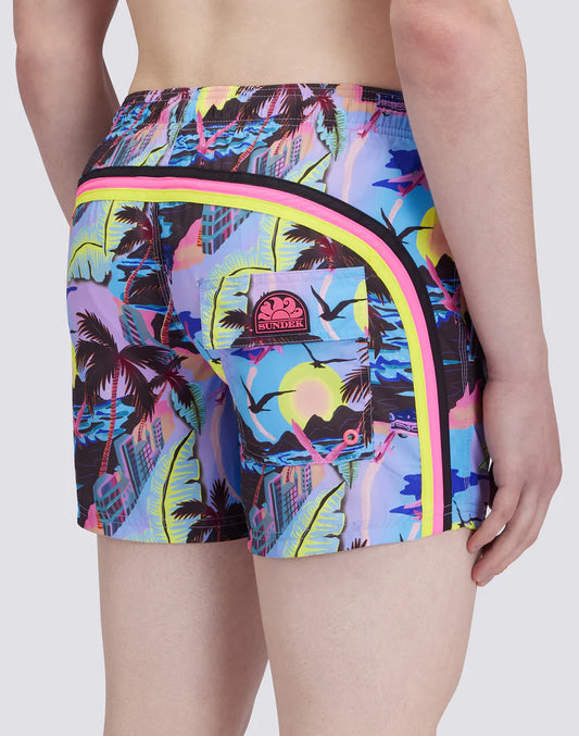 Sundek Herren Repreve Badehose mit elastischem Bund und HAWAIIAN POP Print