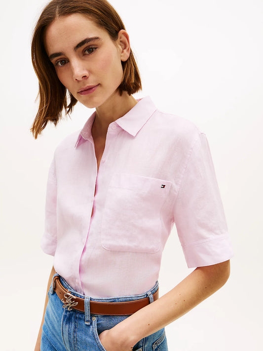 Camicia donna Tommy Hilfiger in lino relaxed fit rosa maniche corte WW0WW48925VQU