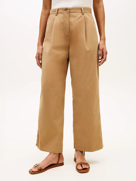 Pantaloni donna Tommy Hilfiger ampi in cotone washed beige WW0WW49594RBH