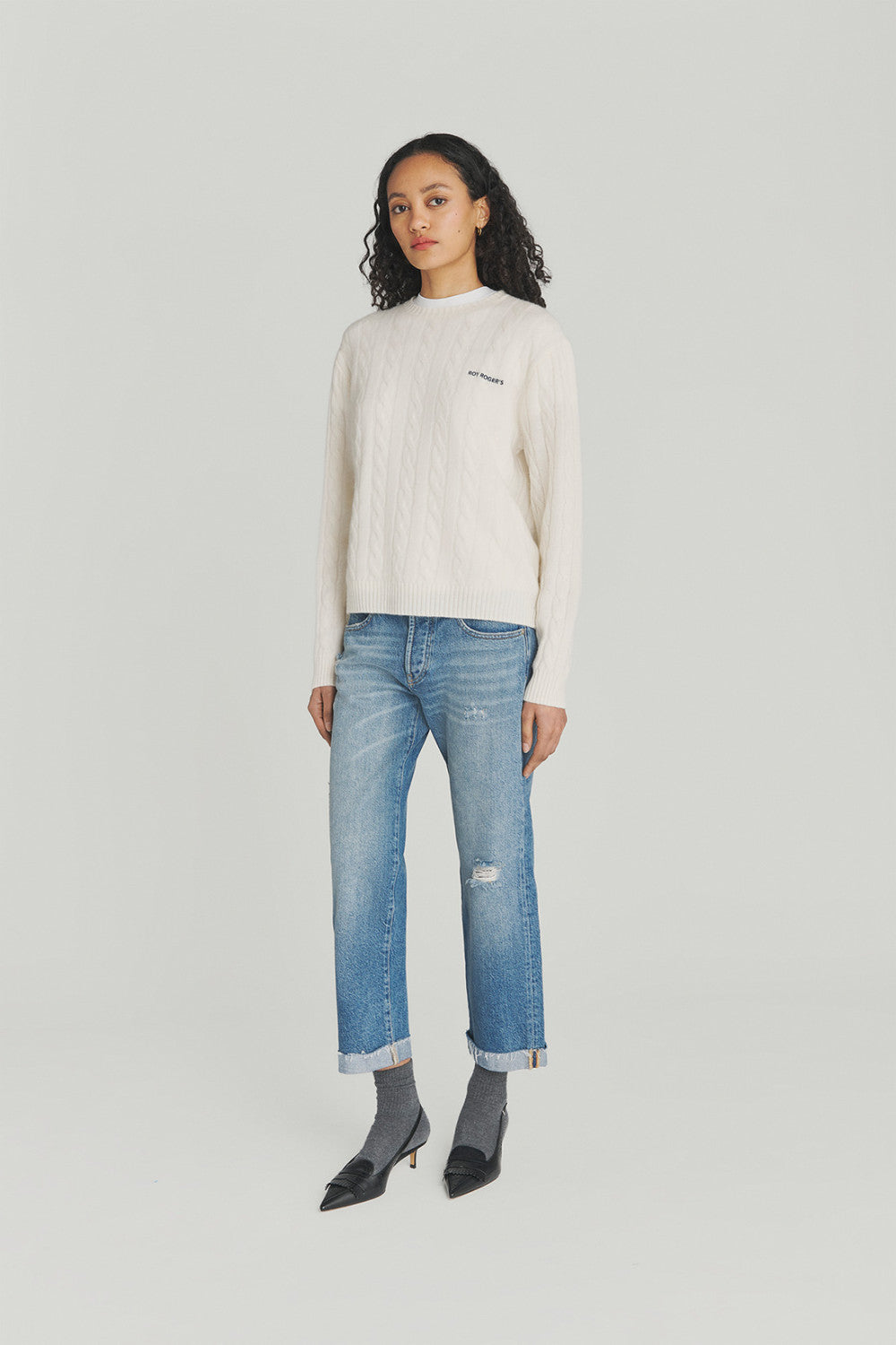 Roy Roger’s Pullover donna in lana e cashmere bianco con lavorazione cable