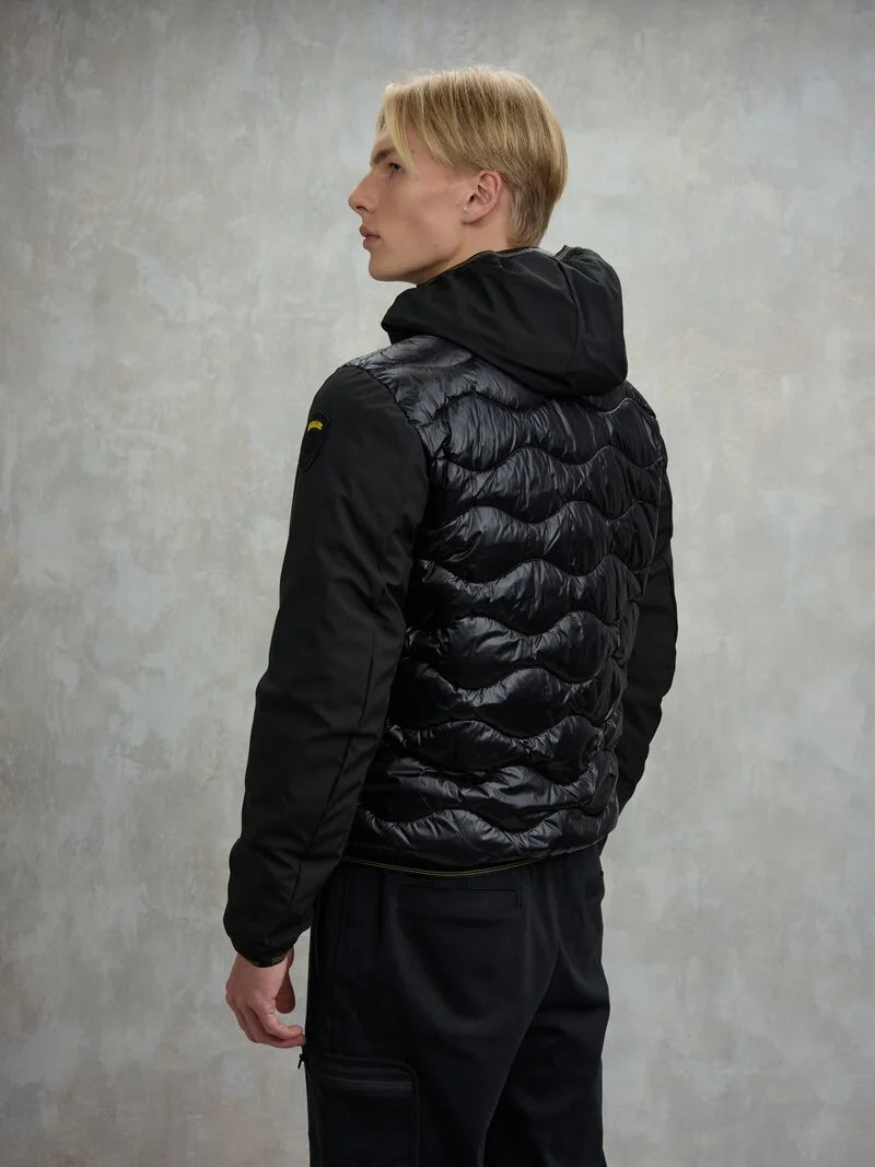 Giubbino uomo Blauer Albert in neoprene e nylon trapuntato con cappuccio nero dietro