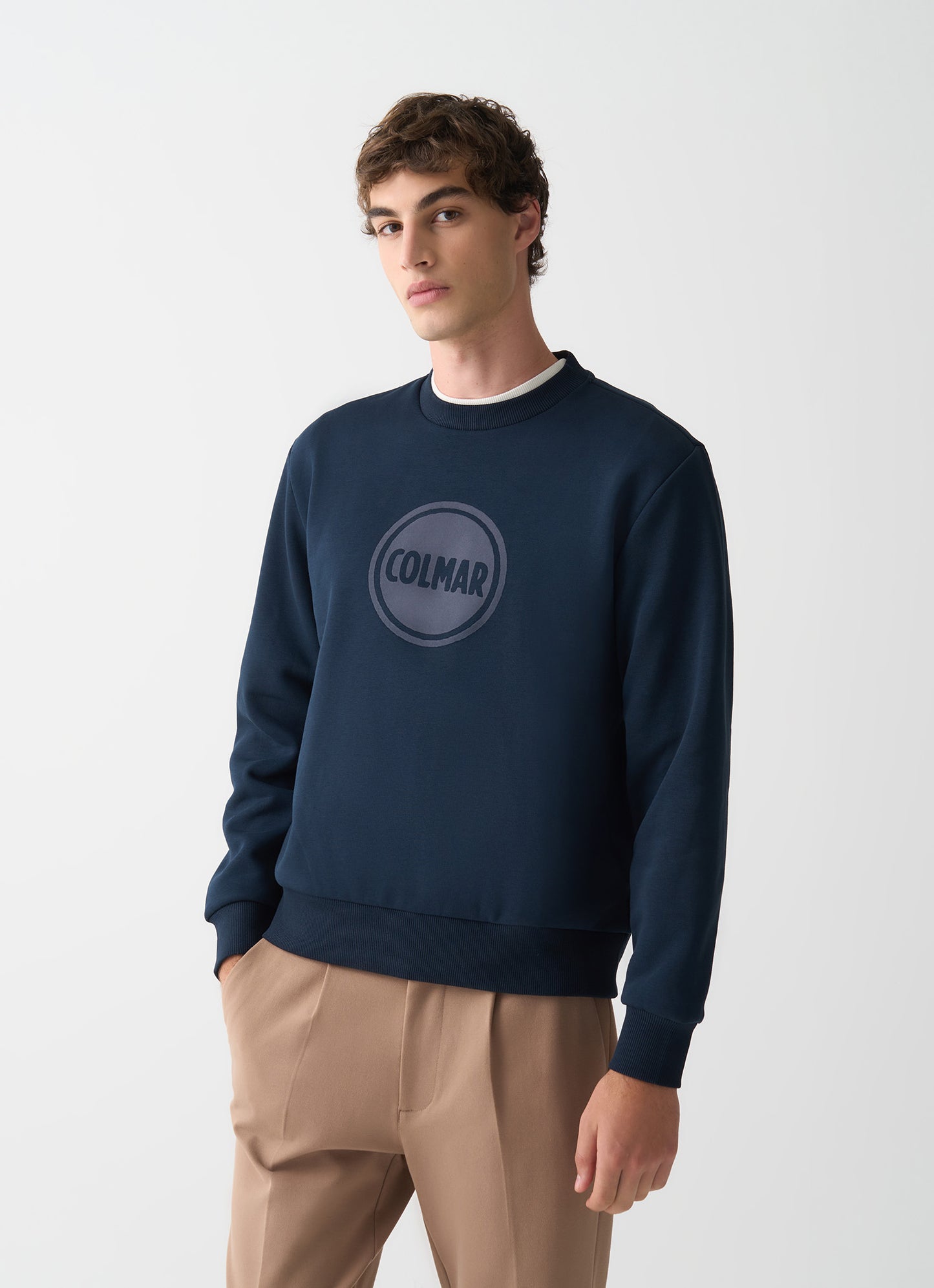 Felpa uomo Colmar Originals girocollo blu in cotone felpato con logo frontale vista fronte