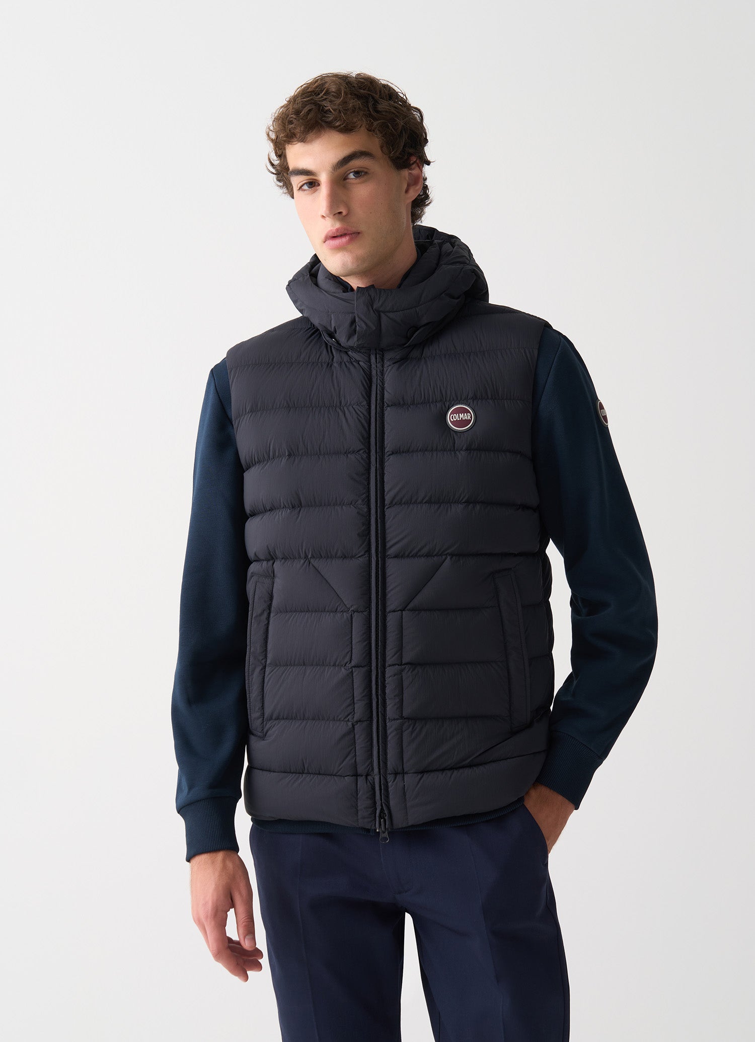 Colmar Gilet uomo nero imbottito in piuma naturale con cappuccio