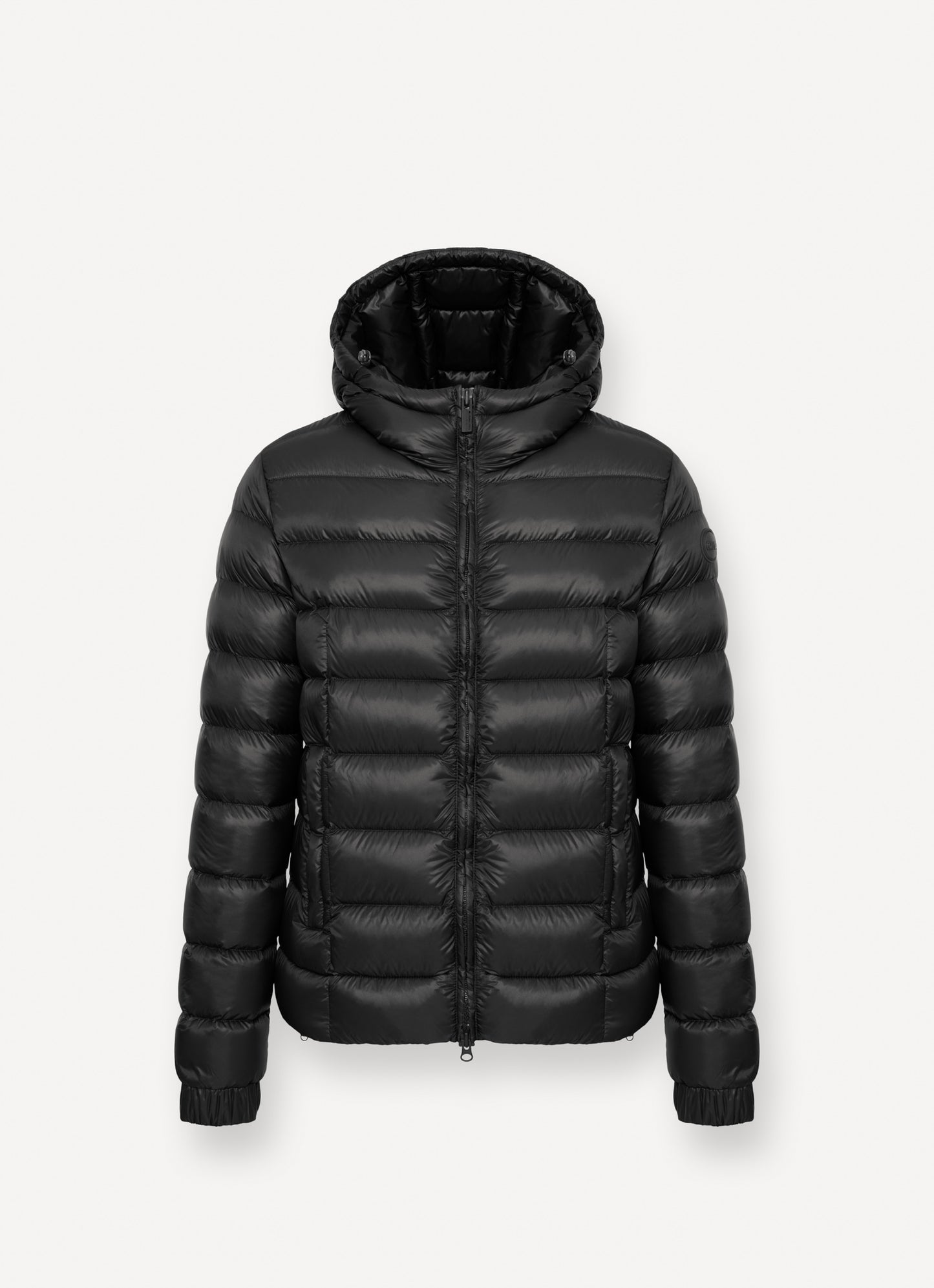 Piumino uomo Colmar nero lucido con cappuccio fisso e imbottitura in piuma naturale davanti