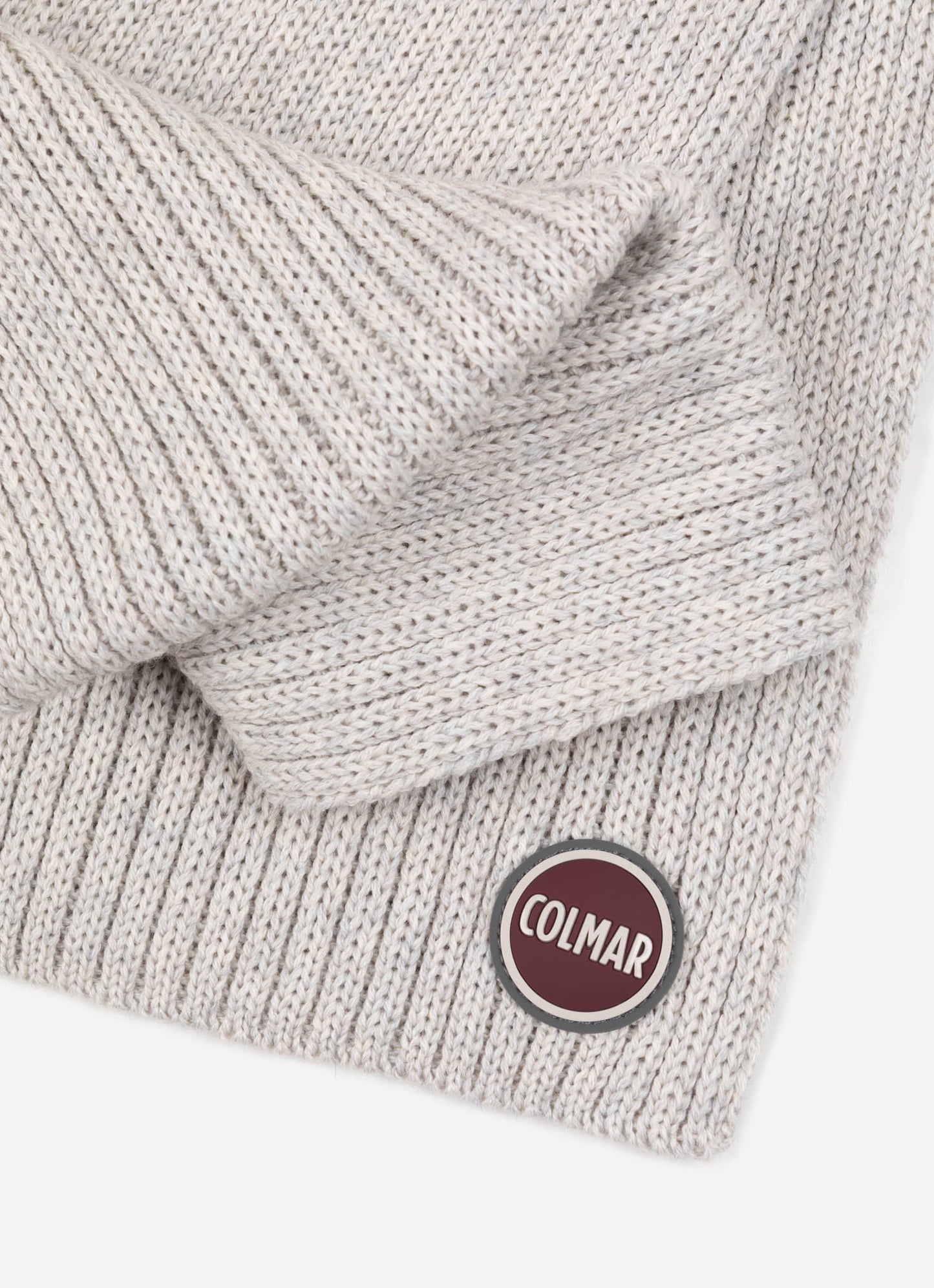 Sciarpa Colmar unisex a coste grigio melange in lana vergine con logo Colmar Originals dettaglio