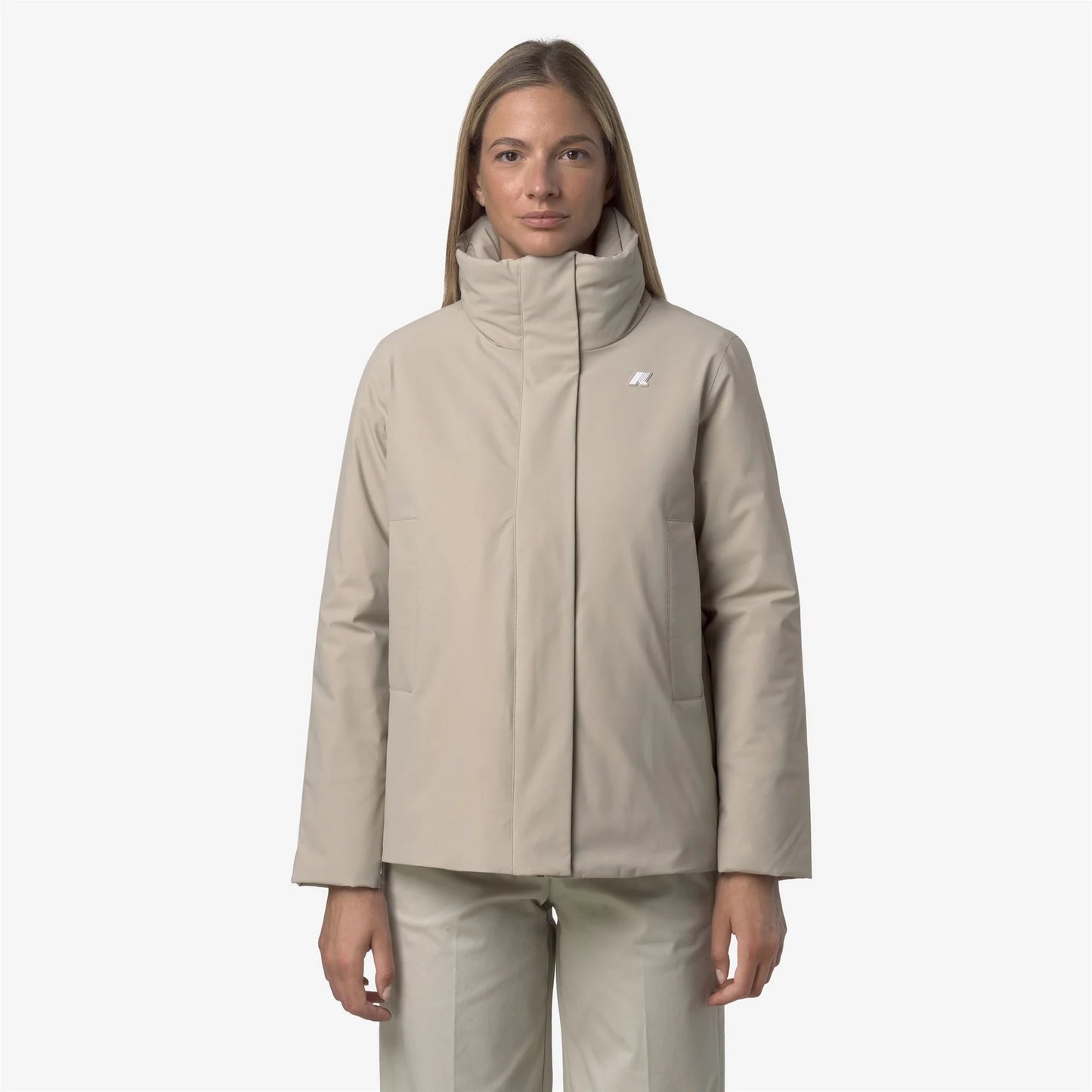 kway-giacca-donna-marletta-st-warm-corta-impermeabile-beige con cappuccio davanti
