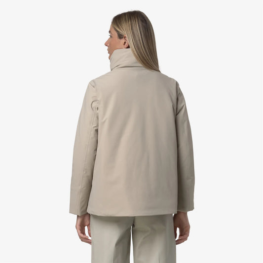 kway-giacca-donna-marletta-st-warm-corta-impermeabile-beige con cappuccio dietro