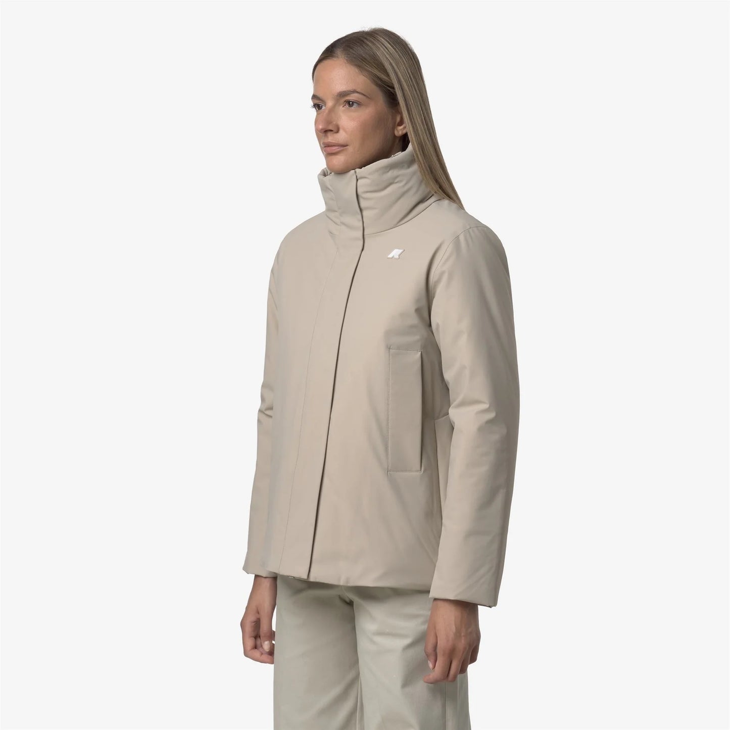 kway-giacca-donna-marletta-st-warm-corta-impermeabile-beige con cappuccio lato