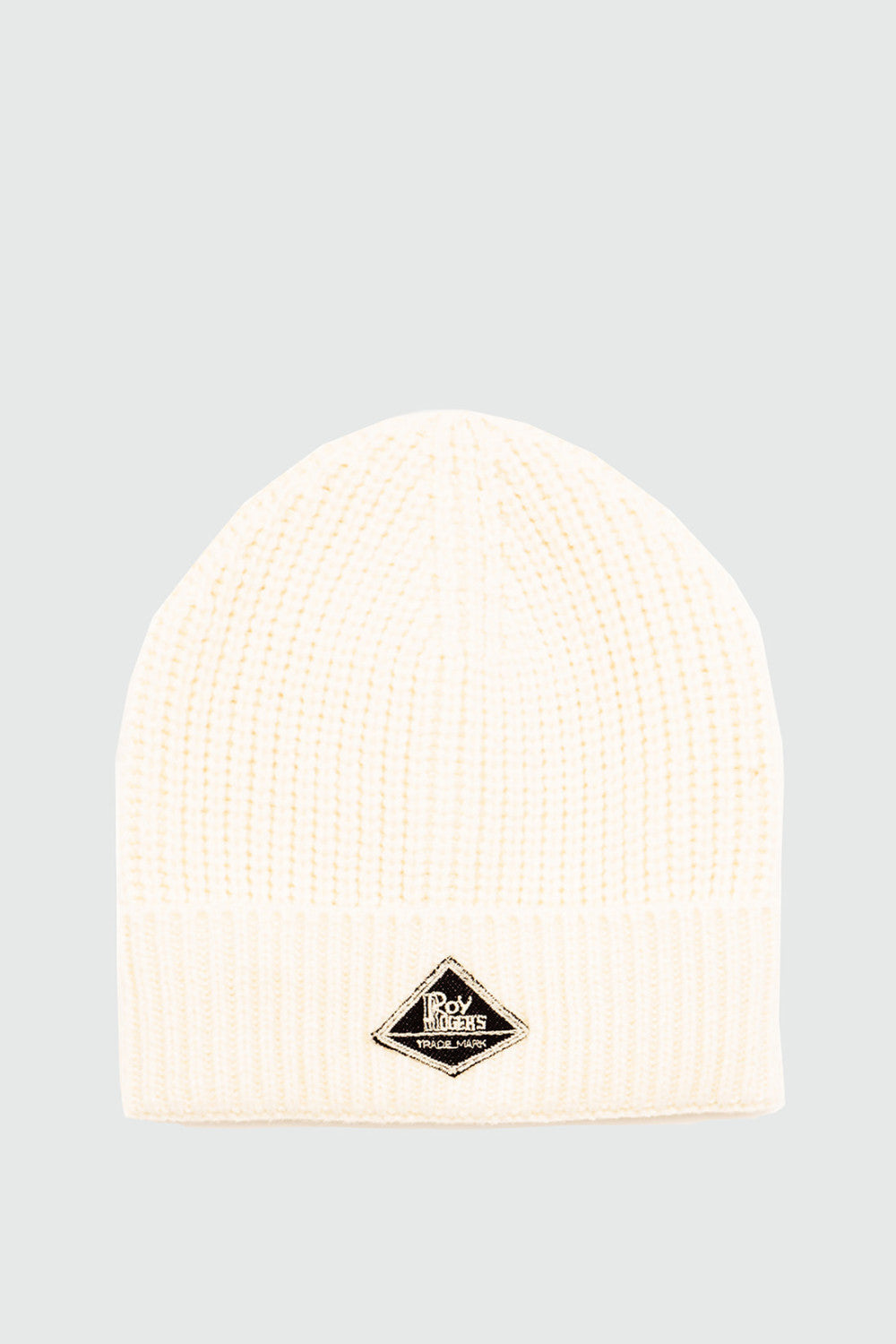 Cappello beanie unisex Roy Roger’s in maglia a coste off white con label in denim fronte