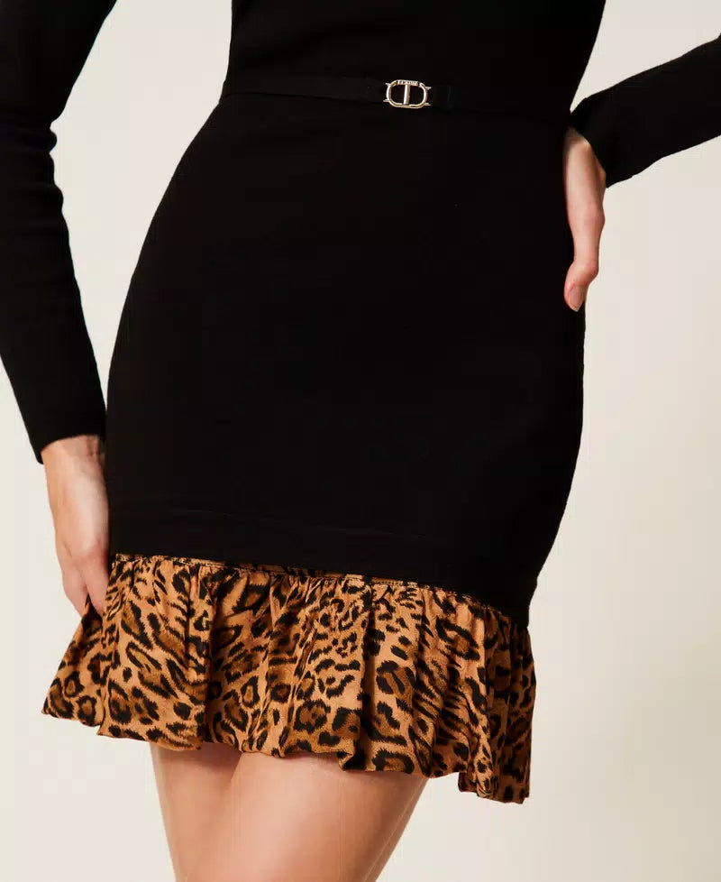 Twinset abito corto donna in maglia con inserto animalier nero marrone e cintura Oval T dettaglio