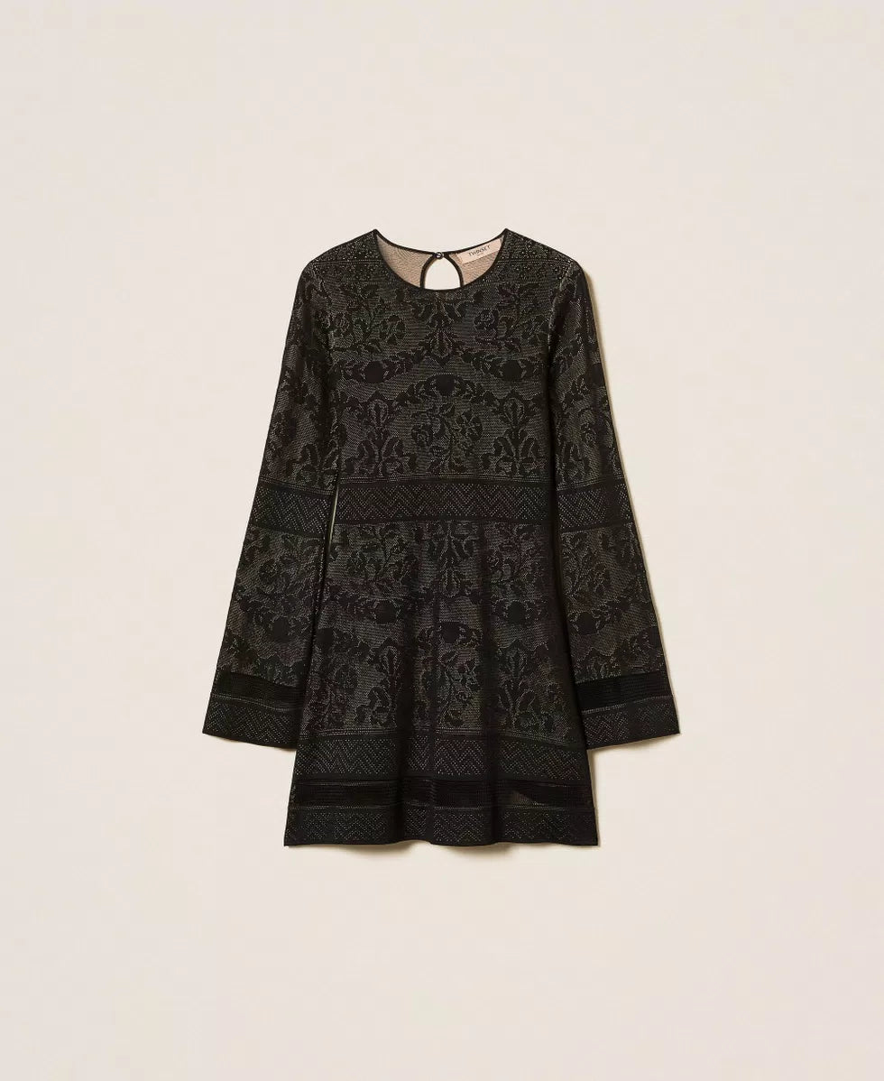 Twinset abito corto donna in maglia traforata nero con maniche lunghe e gonna morbida fronte