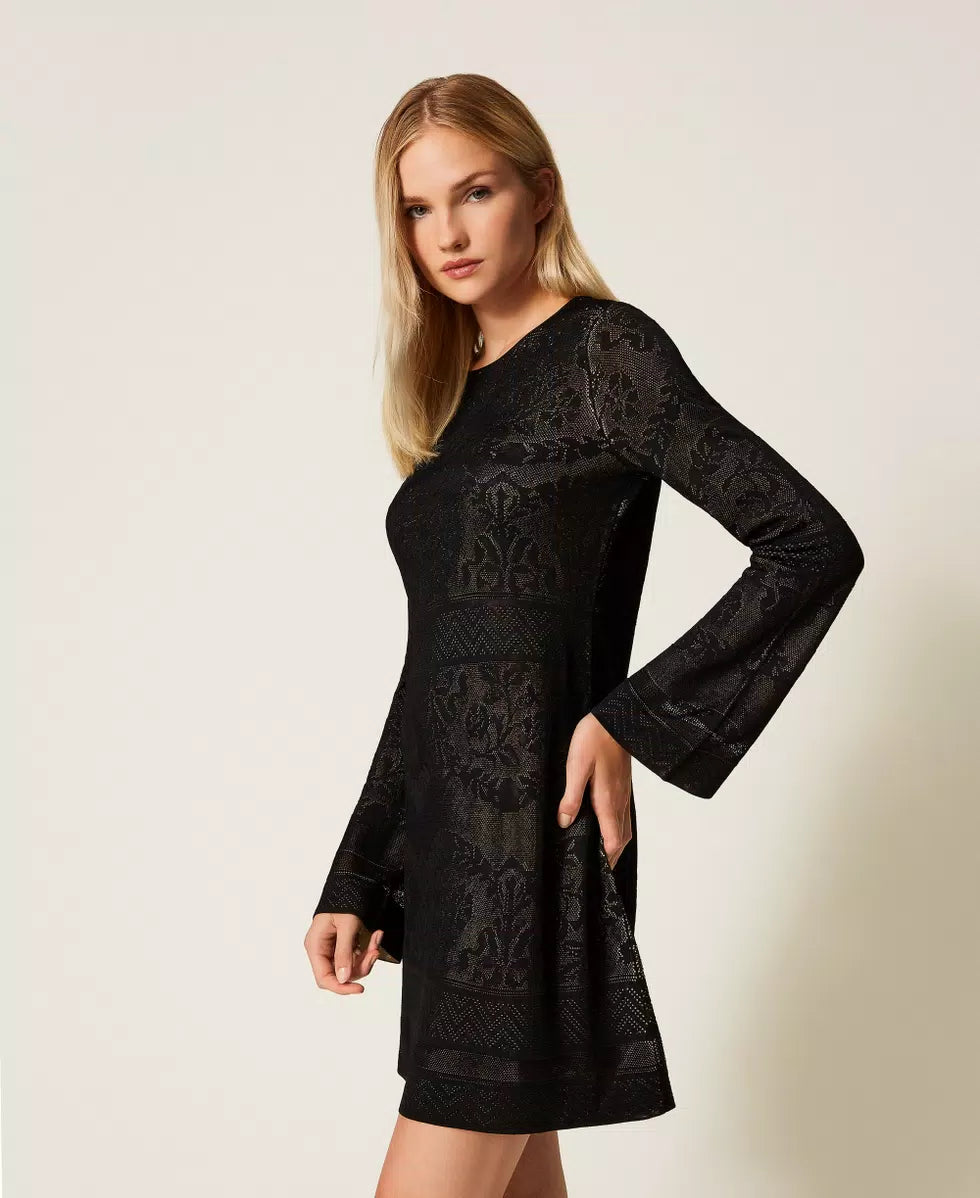 Twinset abito corto donna in maglia traforata nero con maniche lunghe e gonna morbida lato