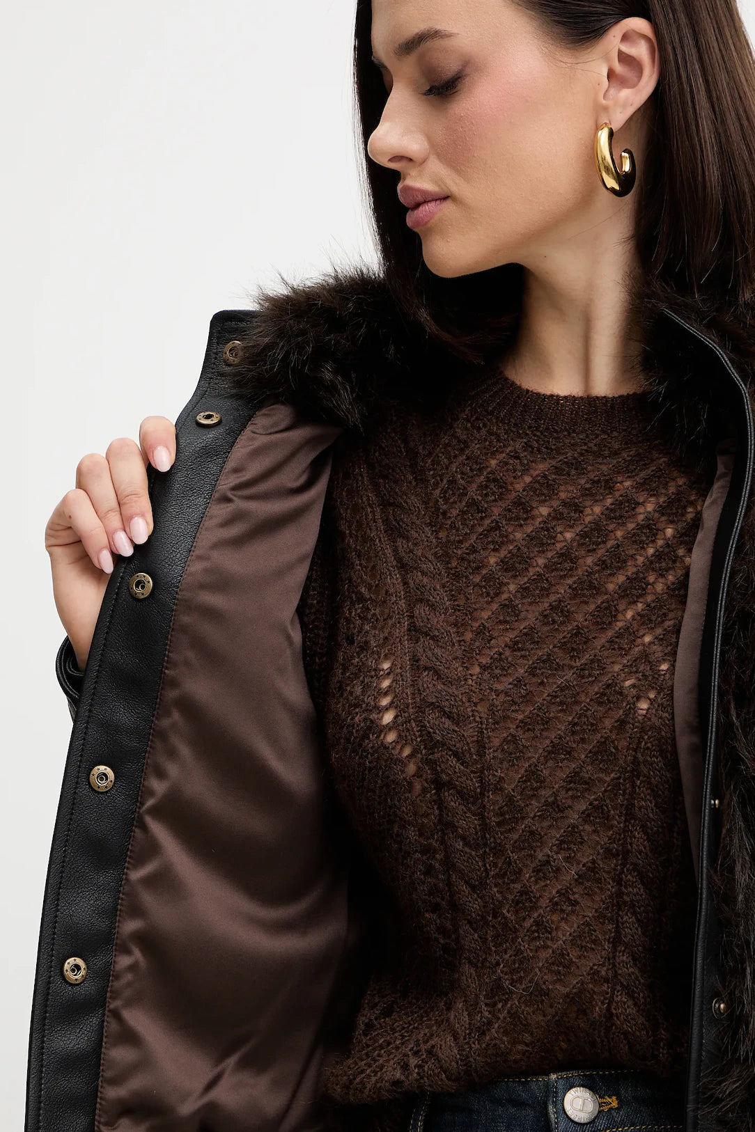 Giacca donna Twinset in eco-pelliccia e pelle sintetica con bottoni a pressione interno