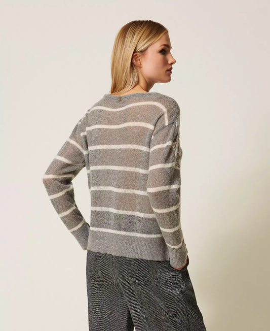 Twinset maglia donna in misto mohair righe grigio melange bianco neve con pizzo e spacco dietro