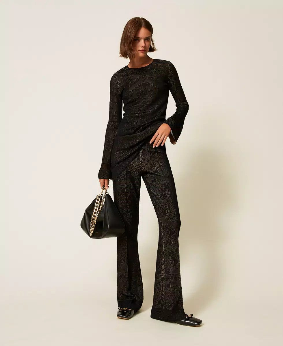 Twinset Pantaloni dpnna flare in maglia traforata