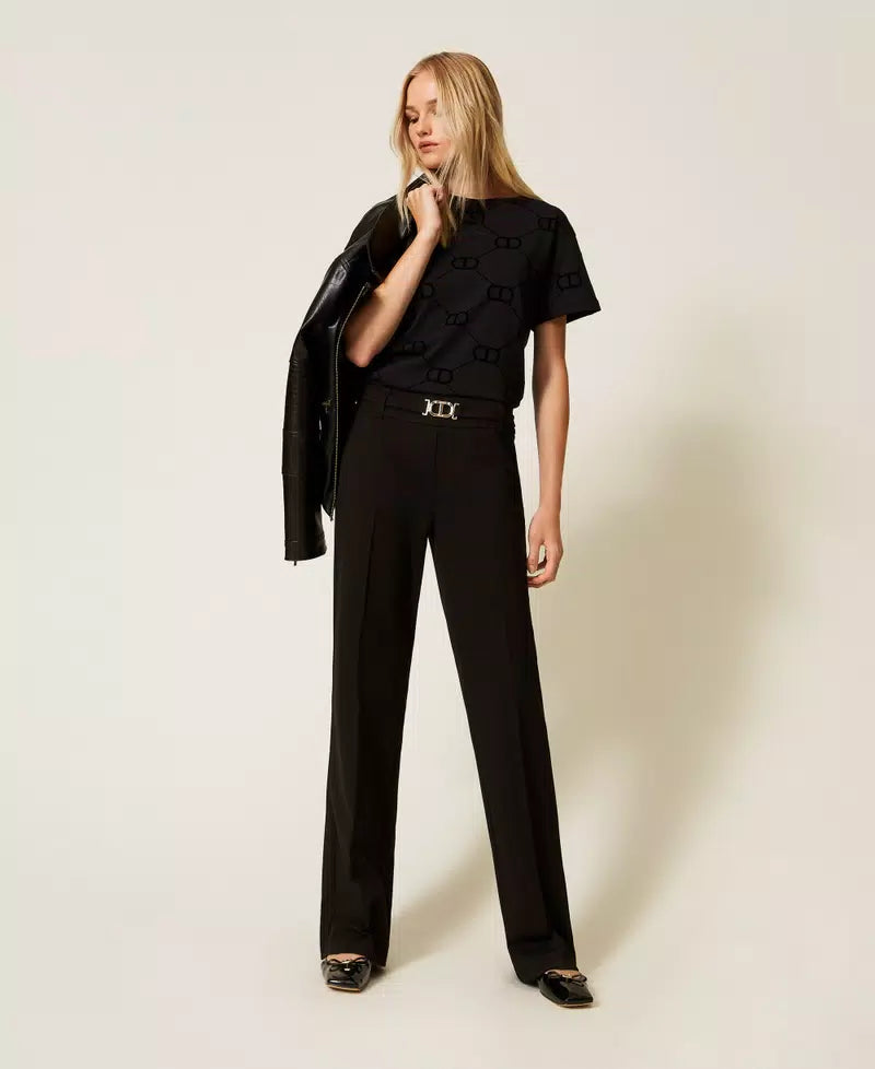 T-shirt Twinset donna nera con stampa flock Oval T su fronte e maniche vista