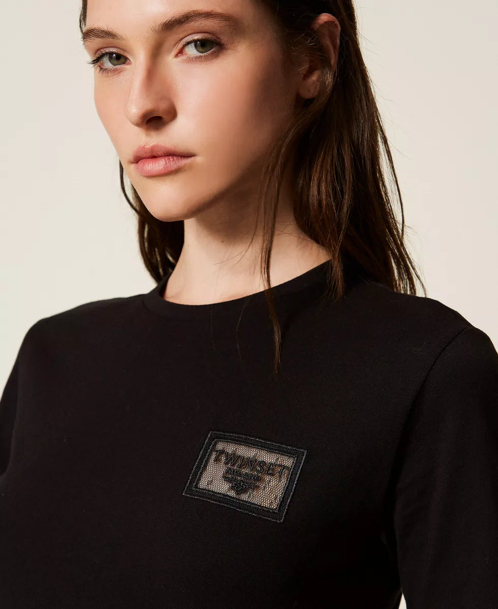 T-shirt donna Twinset regular fit in jersey di cotone con ricamo trasparente e logo lettering dettaglio
