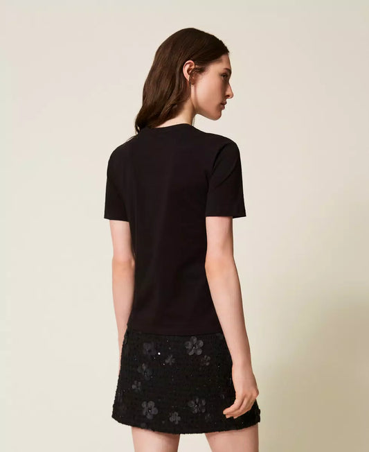 T-shirt donna Twinset regular fit in jersey di cotone con ricamo trasparente e logo lettering dietro