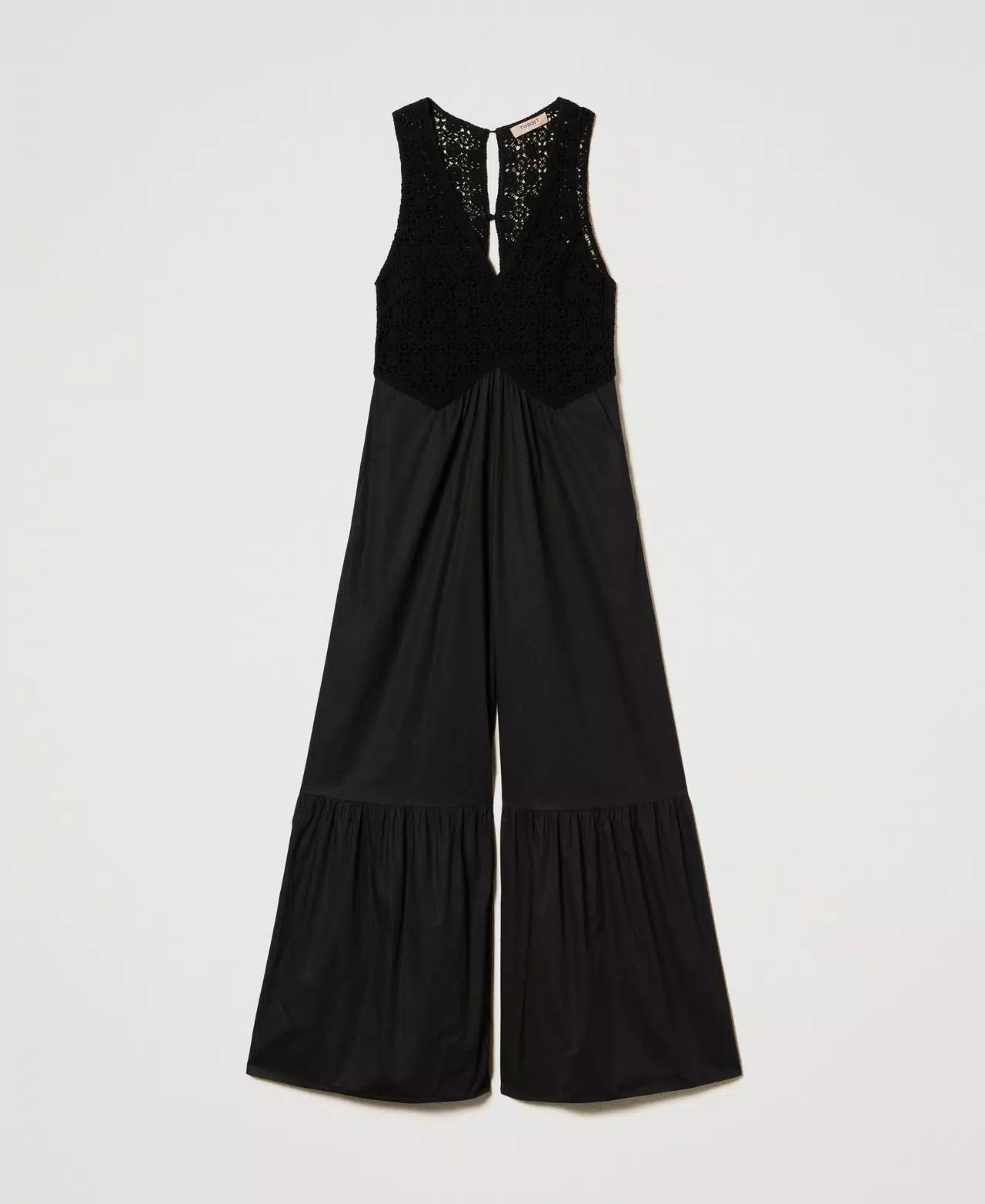 Tuta lunga donna Twinset in popeline nero con gilet crochet e linea morbida davanti