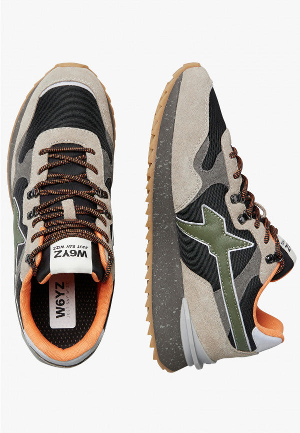 Sneakers uomo W6YZ YAK-M in tessuto tecnico e suede colore tortora-nero con suola in gomma vista dall'alto
