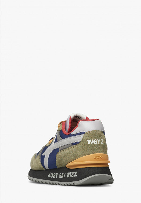 Sneakers uomo W6YZ YAK-M in suede e tessuto tecnico verde-blu con suola nera ultraleggera e dettagli a contrasto dietro