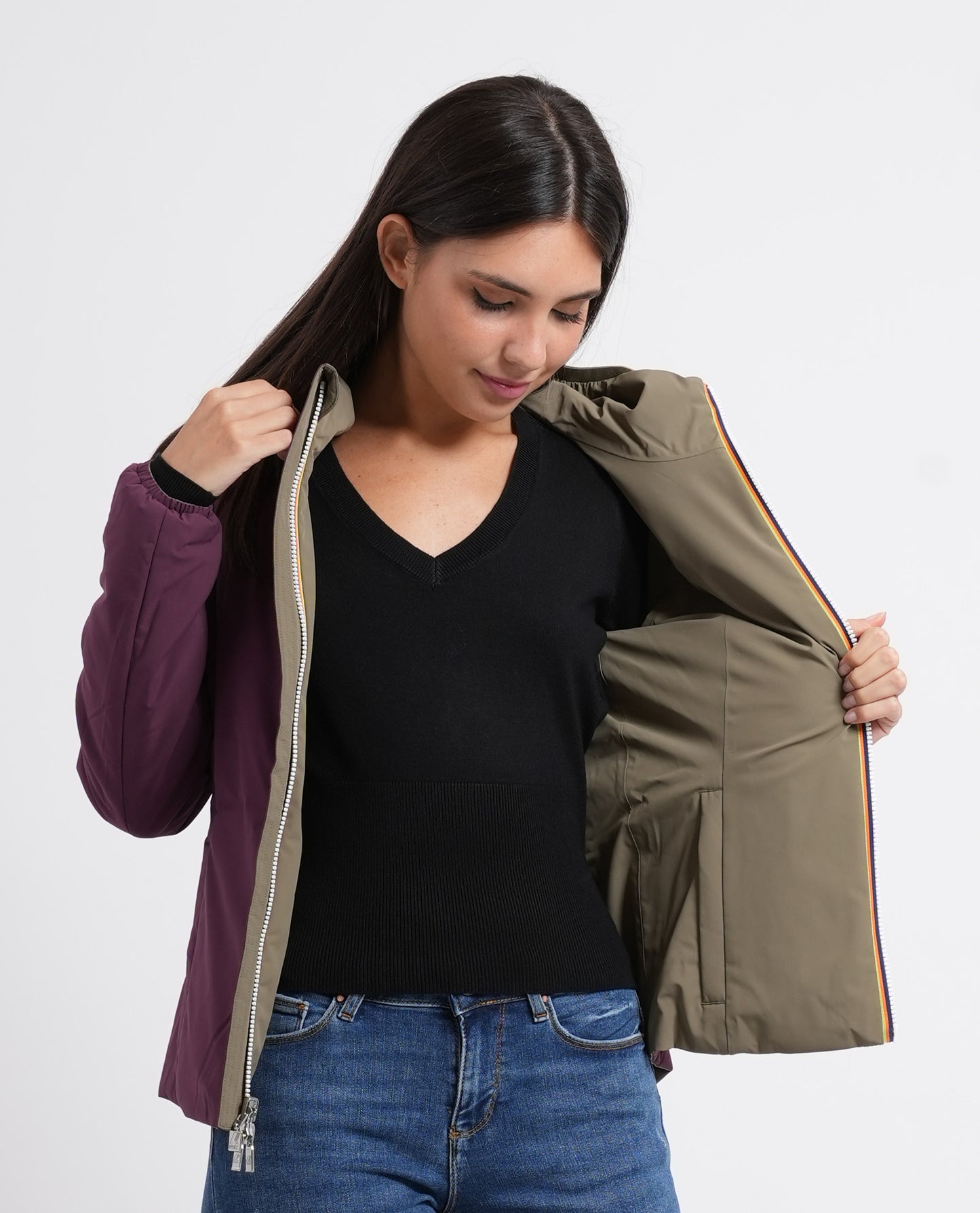 K-WAY Giacca donna corta calda Lily St Warm Double - Green Army Violet Mauve - K6128TW-D0U