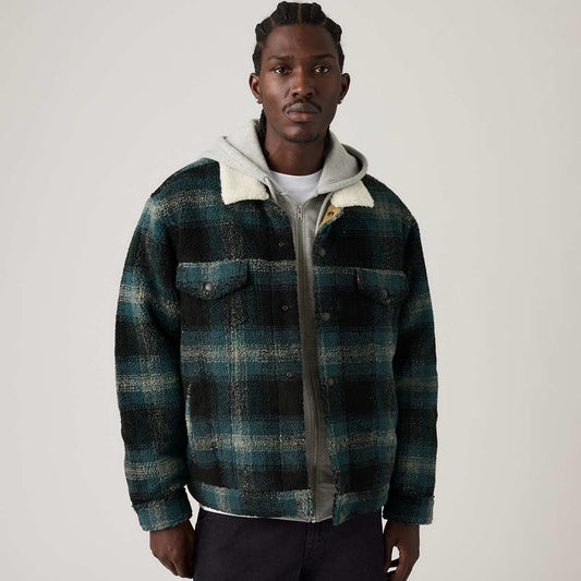 Levi’s Giubbino uomo trucker Type III in sherpa a quadri, colore grigio ghiaccio Merle 008DM0001 - immagine 1
