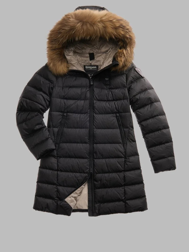 Blauer giubbino piumino lungo con pelliccia modello KRISTIN  25WBLDK03103