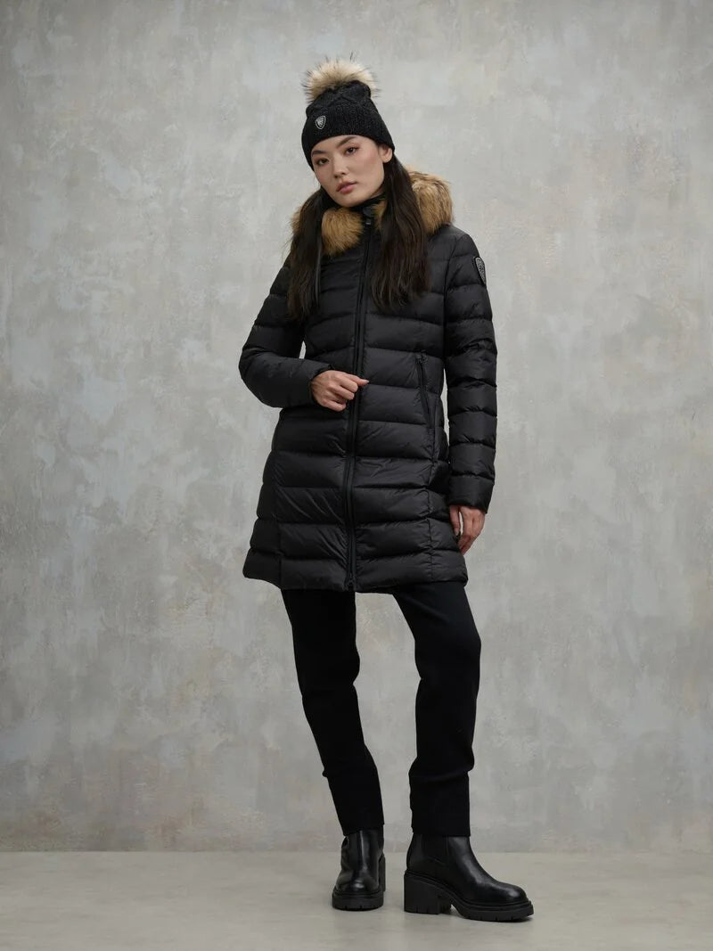 Blauer giubbino piumino lungo con pelliccia modello KRISTIN  25WBLDK03103