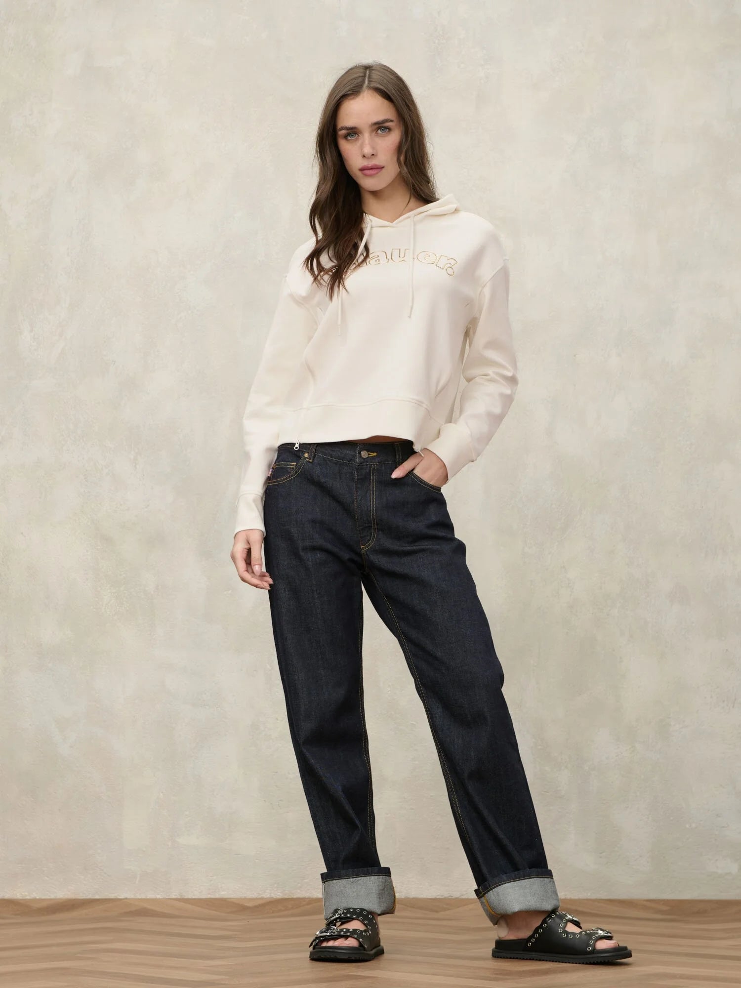blauer felpa donna logo dorato
