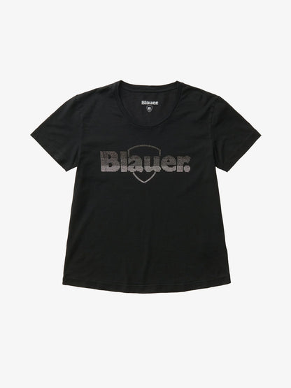 T-shirt donna Blauer nera con logo glitterato frontale