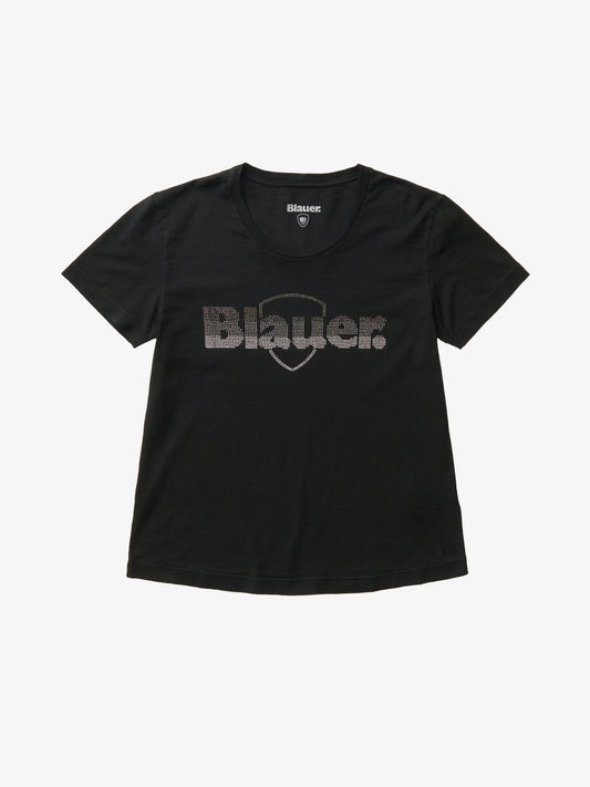 T-shirt donna Blauer nera con logo glitterato frontale