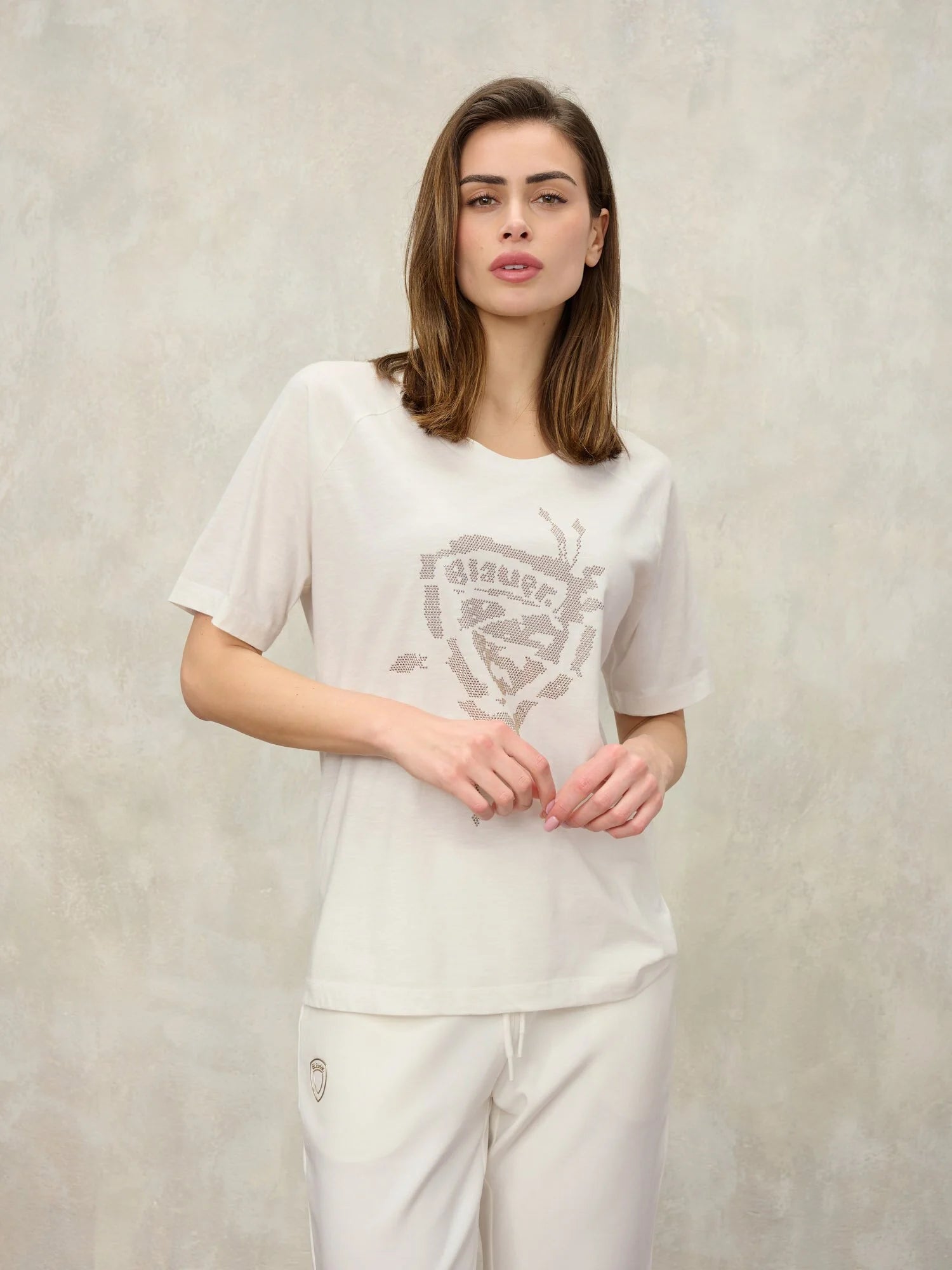 t shirt donna blauer havey scudo perline