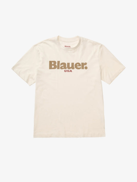 T-shirt Uomo Blauer Ernst 26SBLUH02299 con logo frontale – Bianco Neve