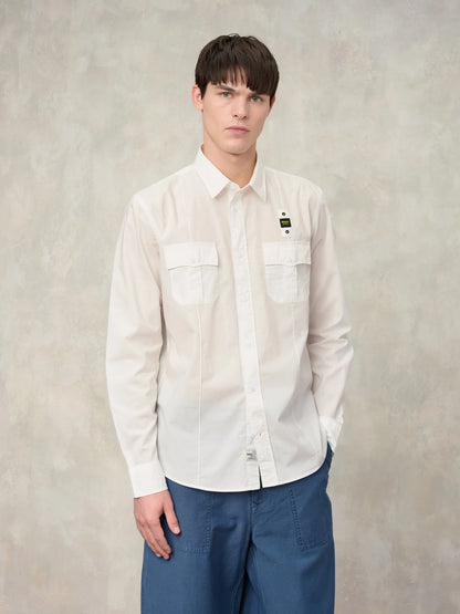 Blauer Waldo Men's Shirt 26SBLUS01270 Military Style with Pockets – White