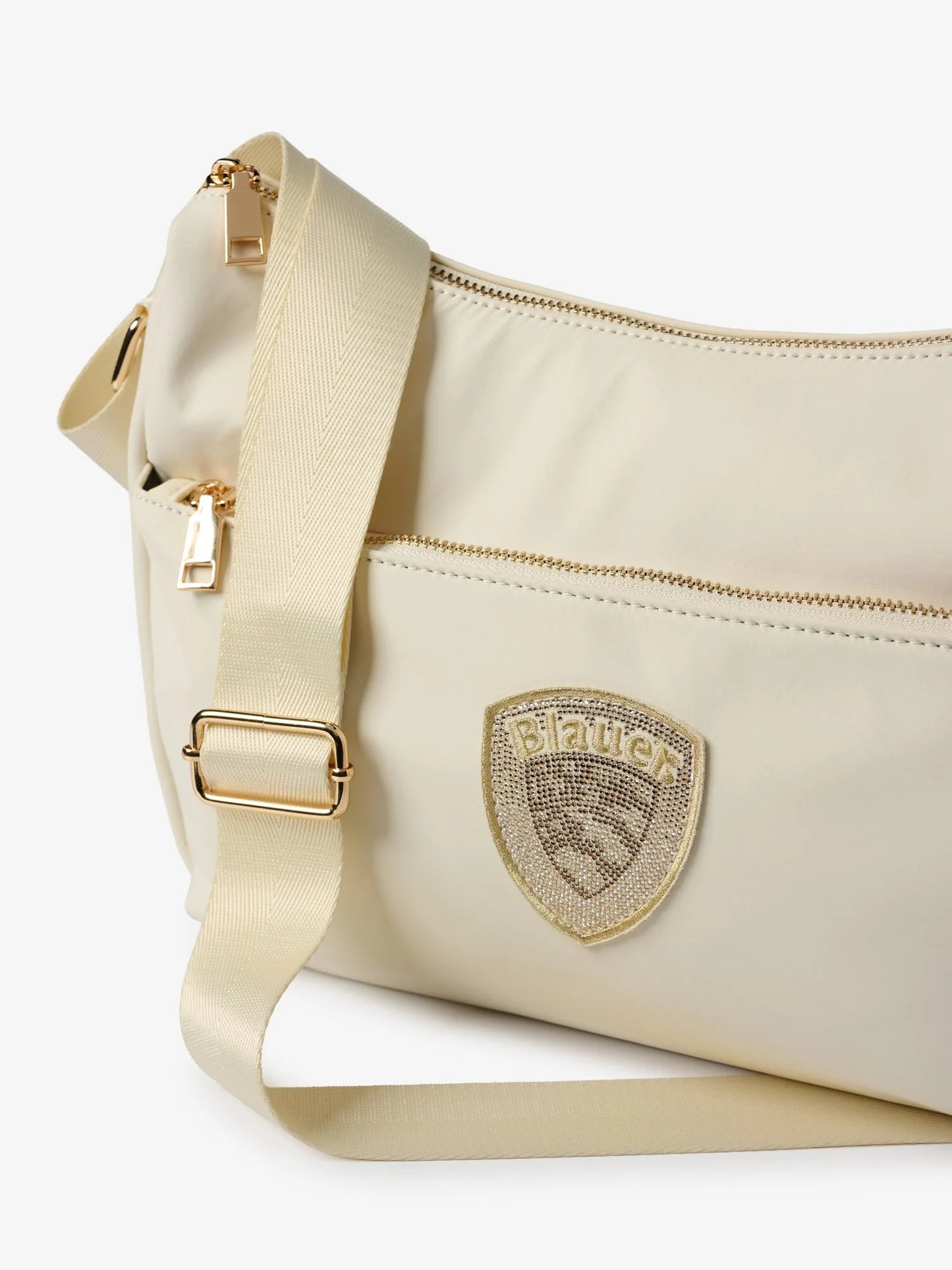 Blauer borsa donna a tracolla in nylon bianco con logo glitter