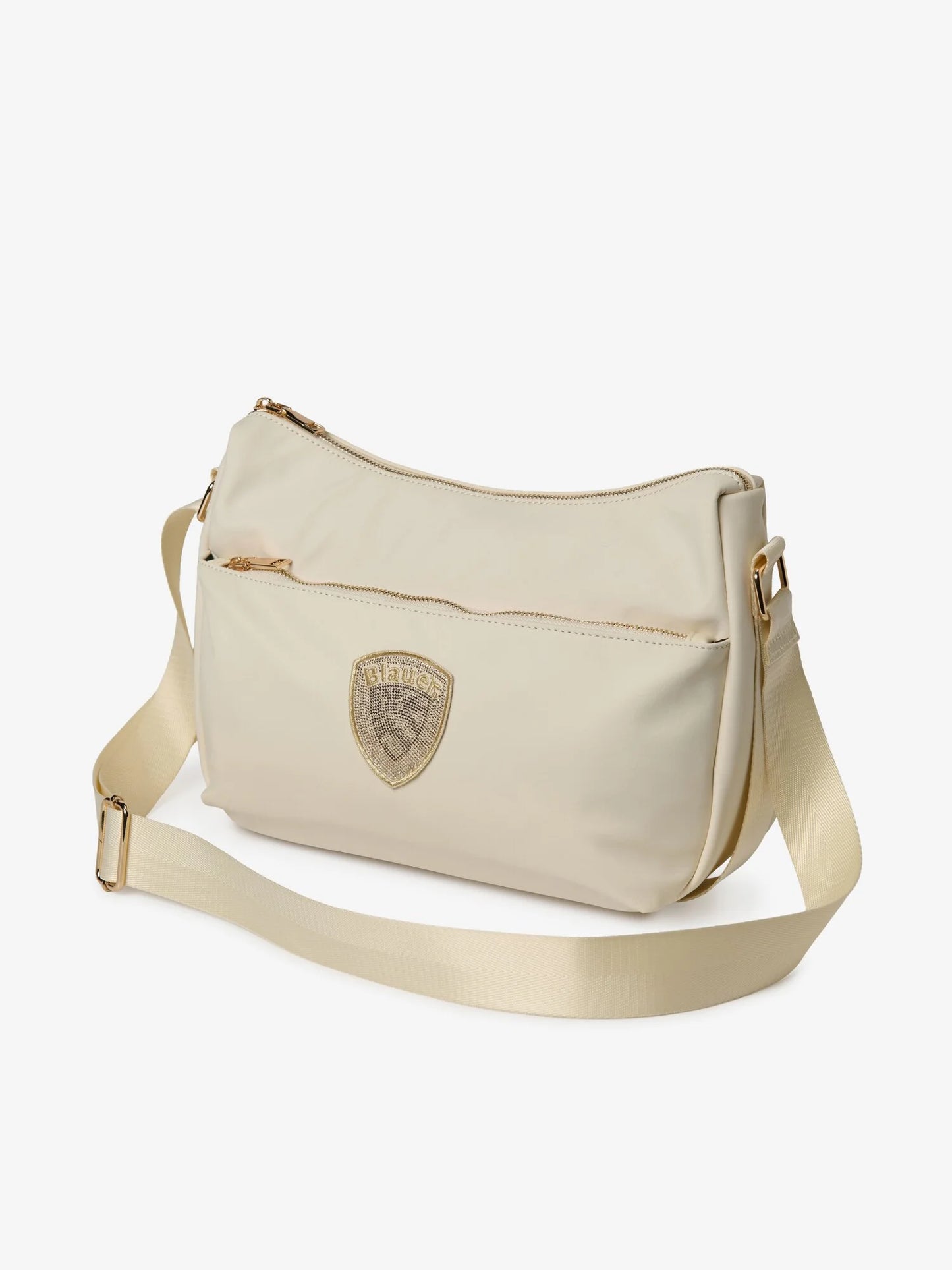 Blauer borsa donna a tracolla in nylon bianco con logo glitter