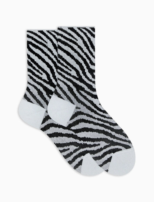 Gallo Women's short socks cotton zebra pattern lurex white
