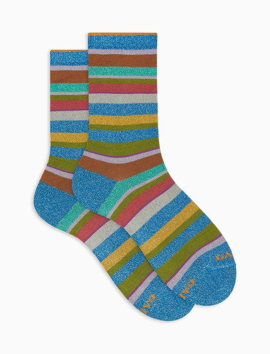 Gallo Women's short socks cotton multicolor lurex stripes blue