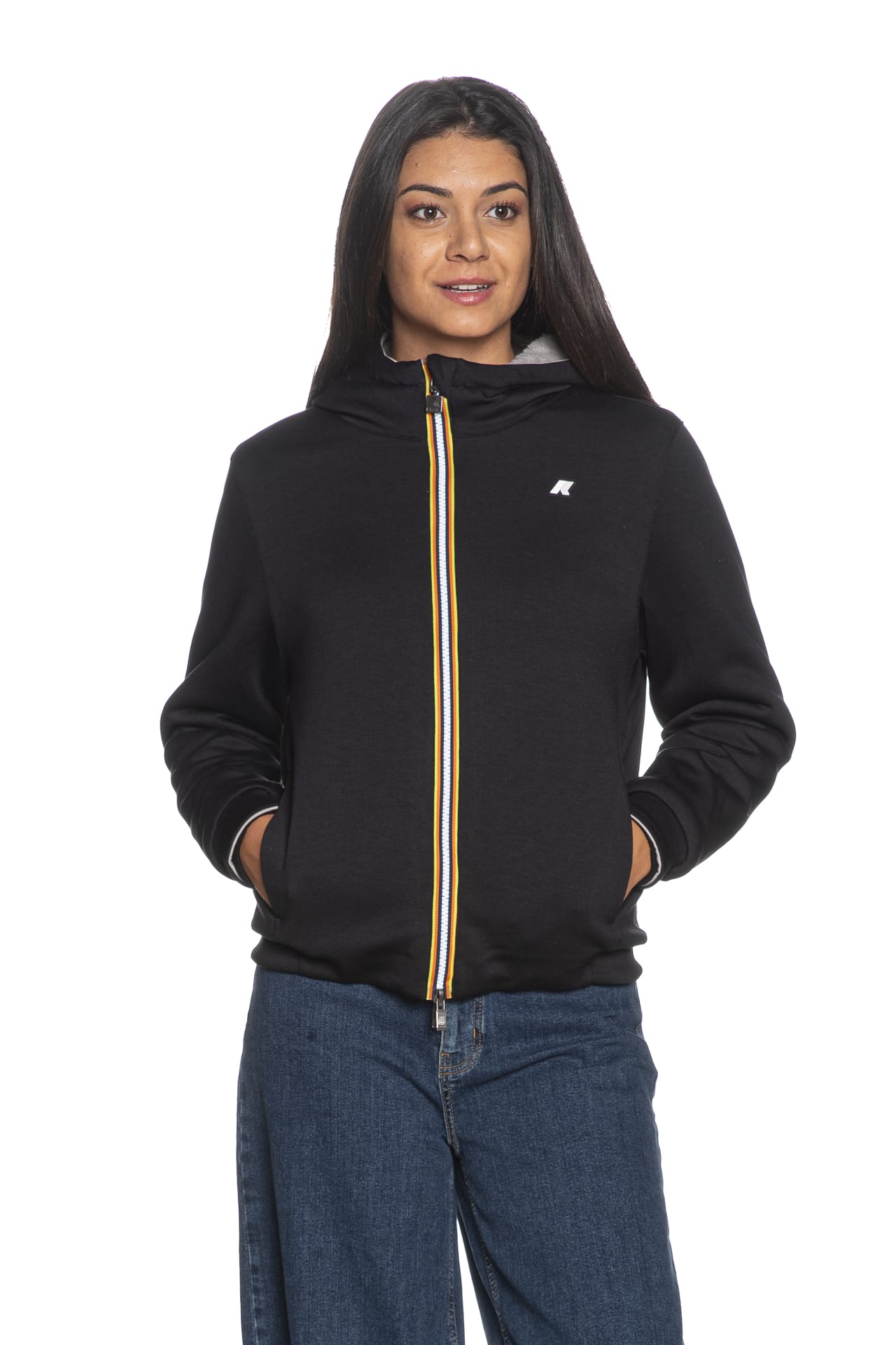 K-WAY DEVA LIGHT SPACER FUR DOUBLE - BLACK PURE-FUR modello K31452W colore DBT indossato, vista frontale