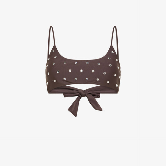 Top costume donna Sun68 marrone cacao con strass e fiocco posteriore