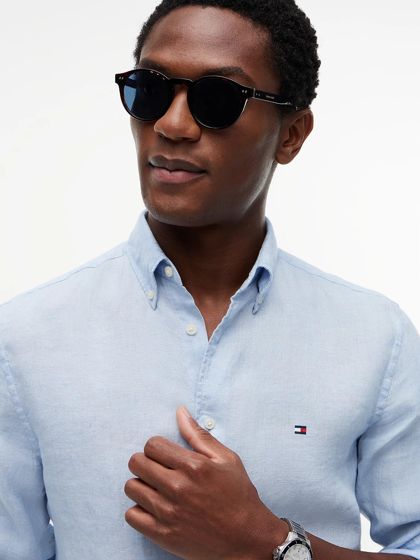 Camicia uomo Tommy Hilfiger in lino regular fit azzurra MW0MW41530C1O