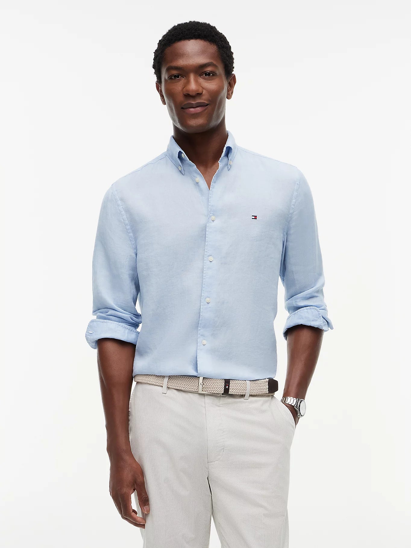 Camicia uomo Tommy Hilfiger in lino regular fit azzurra MW0MW41530C1O