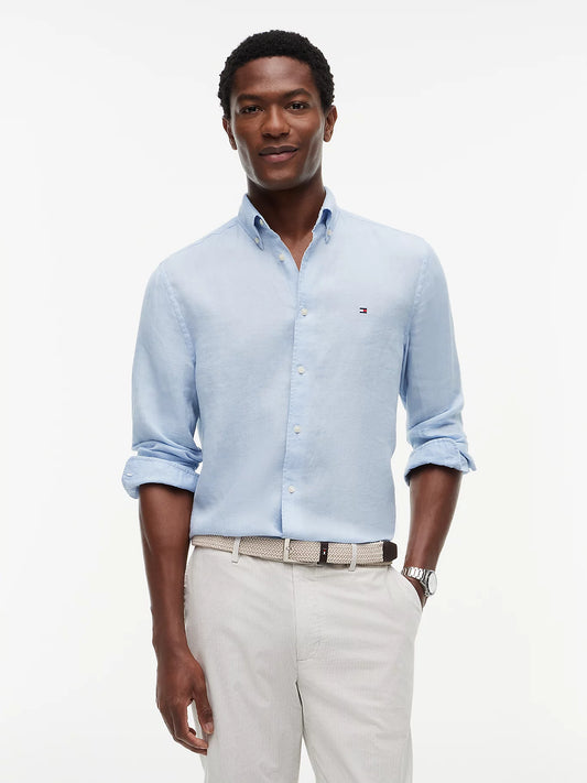 Camicia uomo Tommy Hilfiger in lino regular fit azzurra MW0MW41530C1O