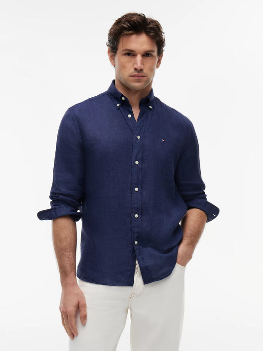 Camicia uomo Tommy Hilfiger lino blu regular fit
