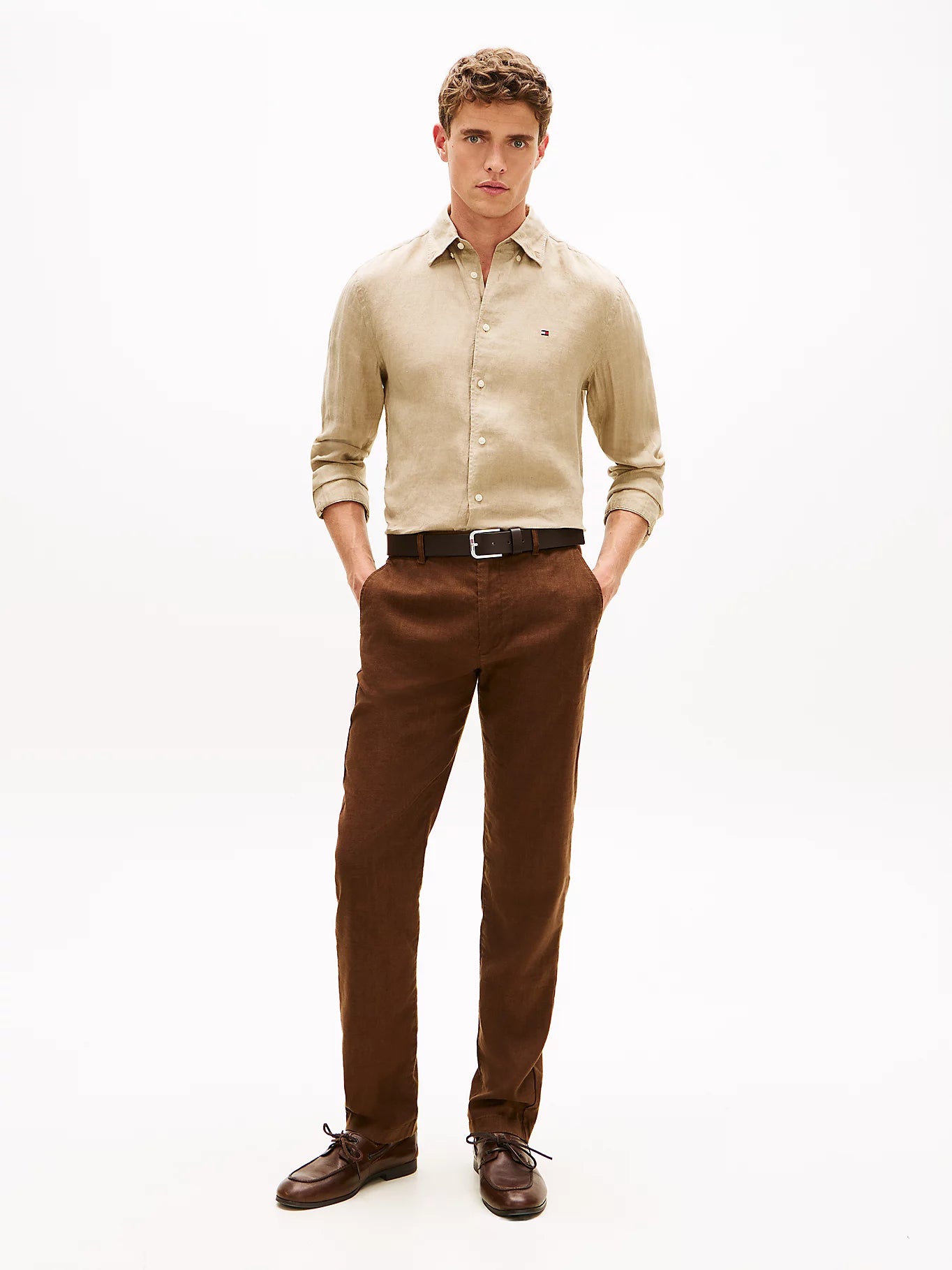 Camicia uomo Tommy Hilfiger in lino regular fit beige MW0MW41530RBT