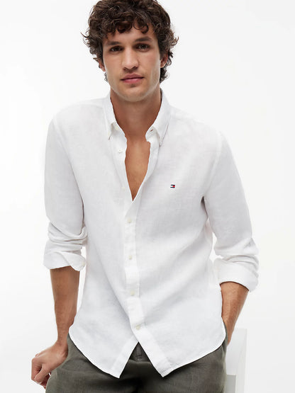 Camicia uomo Tommy Hilfiger in lino regular fit bianca MW0MW41530YBR