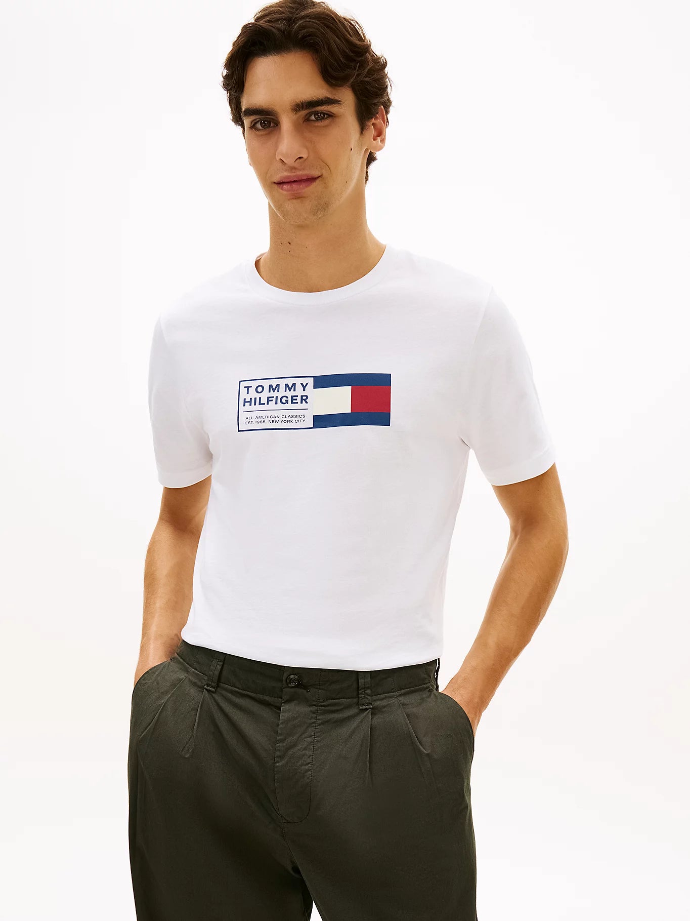 t shirt uomo Tommy Hilfiger bianca con logo NYC frontale